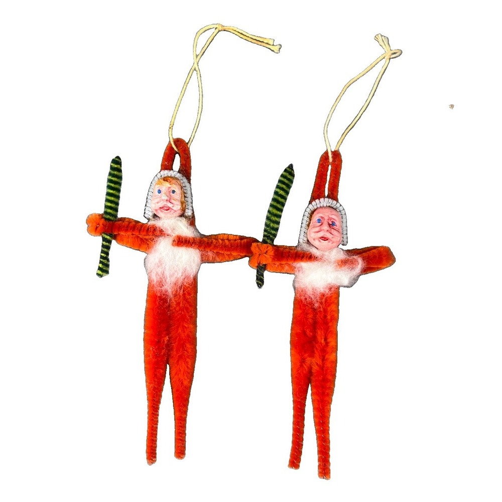 Vintage X2 Christmas Chenille Pipe Cleaner Santa Claus Ornaments Clay Face